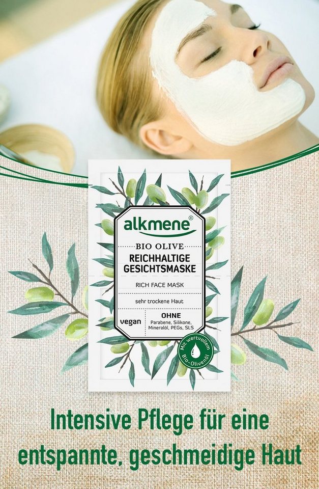 alkmene Gesichtsmaske Maske mit Bio Olive vegan - 40x Feuchtigkeitsmaske Pflegemaske, 20-tlg. von alkmene