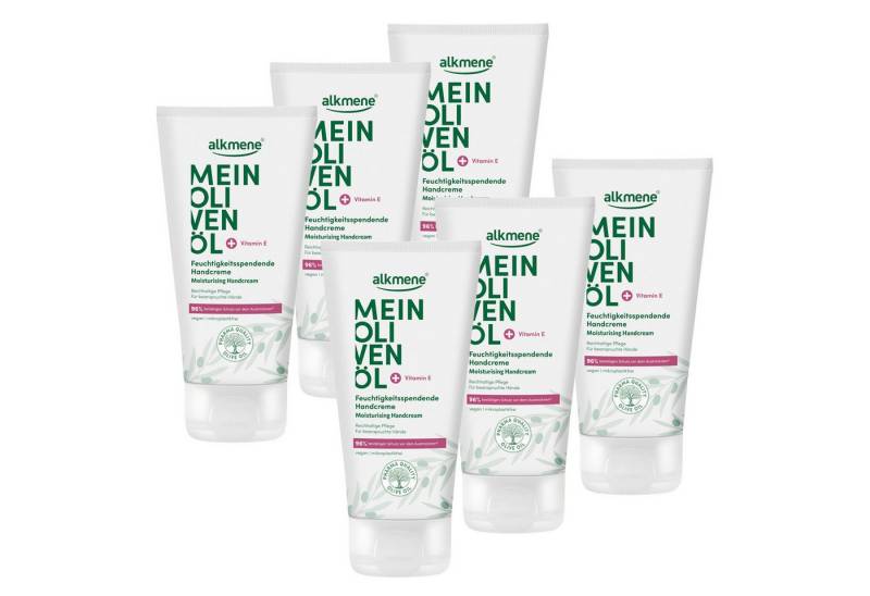 alkmene Handcreme Handcreme für trockene Haut 450 ml, Feuchtigkeit spendend, Olivenöl, 6-tlg. von alkmene