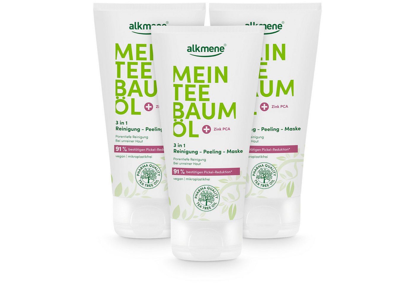 alkmene Körperpeeling 3x 3in1 Reinigung Peeling Maske 150 ml, Pickel Reduktion 91% bestätigt, 3-tlg. von alkmene