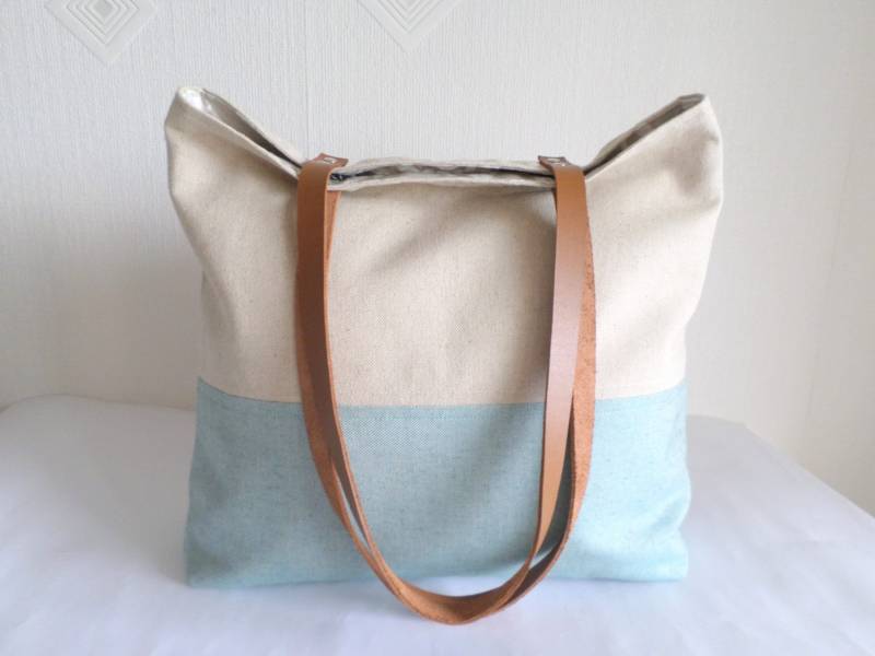 Große Strandtasche Aus Leinen Im Colorblock-Design Mit Ledergriffen von allbyFEDI