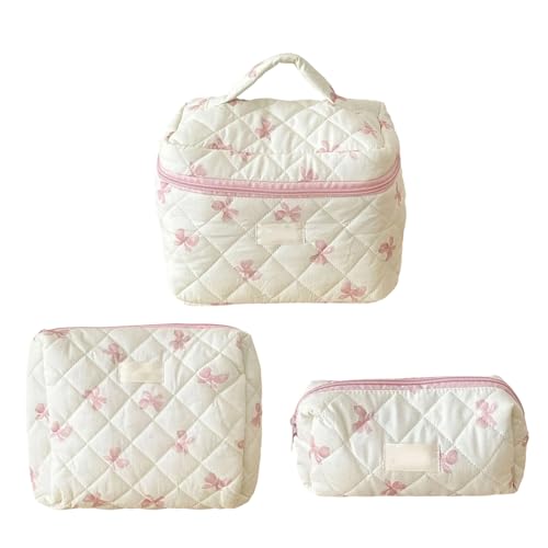 Gestepptes Kosmetiktaschen-Set mit Schleifen, Dekoration, Make-up-Tasche, Aufbewahrung, organisiert, geeignet für Damen und Mädchen, 3-teilig, B Gestepptes Kosmetiktaschen-Set mit Schleifen, Dekoration, Make-up-Tasche, Aufbewahrung, organisiert, geeignet für Damen und Mädchen, 3-teilig, B von alloneslife