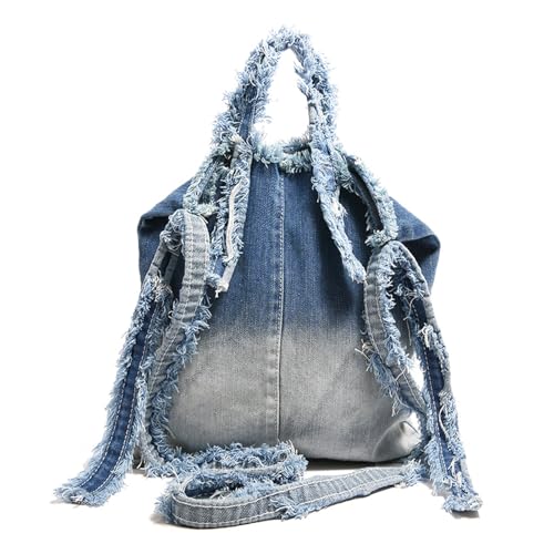 alloneslife Frauen Zeitgenössische Koreanische Stile Gewaschen Denims Satchel Handtasche Multipurpose Fransen Quasten Jeans Schulter Crossbody Tasche Distelte Jeans Crossbody Tasche von alloneslife
