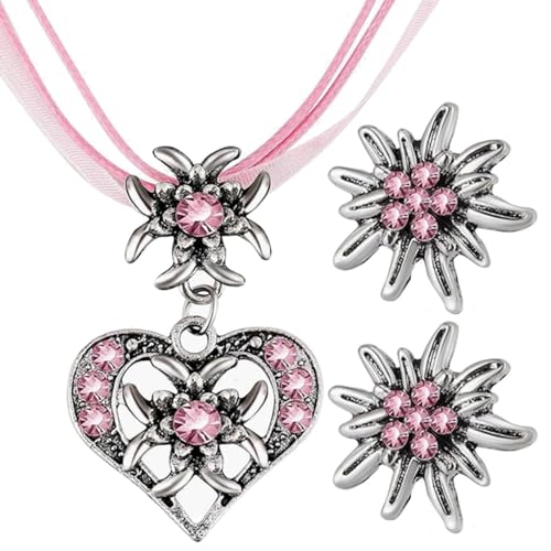 alloneslife Modische Halskette mit Herz-Anhänger, Edelweiß-Ohrringe, Set für Damen, Band, Kordel Choker, Oktoberfest, Party, Bankette, Schmuck, bayerische Dirndl-Kostüm-Halskette, Einheitsgröße, Wie von alloneslife