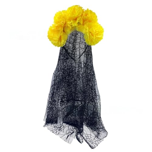 alloneslife Ohr-Stirnband, Brautschleier, Halloween-Blumen-Stirnband mit durchsichtigem schwarzem Schal für Kostümpartys, Kopfschmuck, einzigartiges Kopfbedeckungszubehör (Abschnitt 1) von alloneslife
