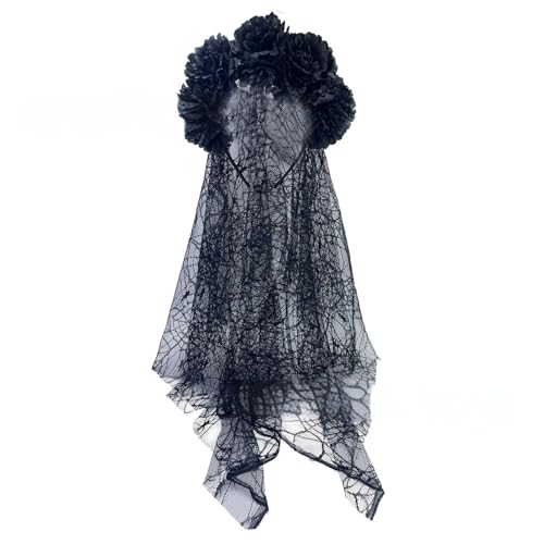 alloneslife Ohr-Stirnband, Brautschleier, Halloween-Blumen-Stirnband mit durchsichtigem schwarzem Schal für Kostümpartys, Kopfschmuck, einzigartiges Kopfbedeckungszubehör (Abschnitt 3) von alloneslife
