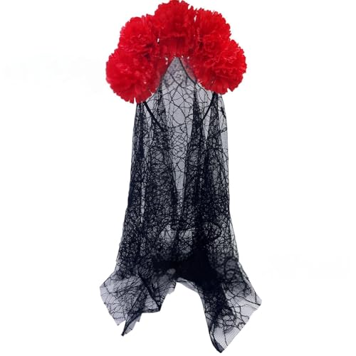 alloneslife Ohr-Stirnband, Brautschleier, Halloween-Blumen-Stirnband mit durchsichtigem schwarzem Schal für Kostümpartys, Kopfschmuck, einzigartiges Kopfbedeckungszubehör (Abschnitt 4) von alloneslife