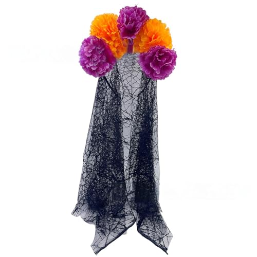 alloneslife Ohr-Stirnband, Brautschleier, Halloween-Blumen-Stirnband mit durchsichtigem schwarzem Schal für Kostümpartys, Kopfschmuck, einzigartiges Kopfbedeckungszubehör (Abschnitt 5) von alloneslife