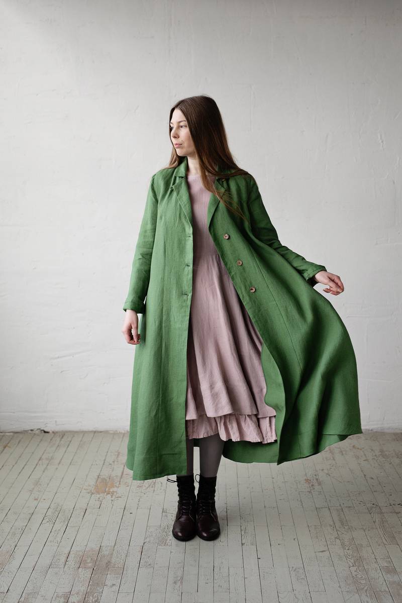 Apfelgrüner Leinenmantel Damen Übergroßer Langer A-Line-Mantel von allthebeautifullinen