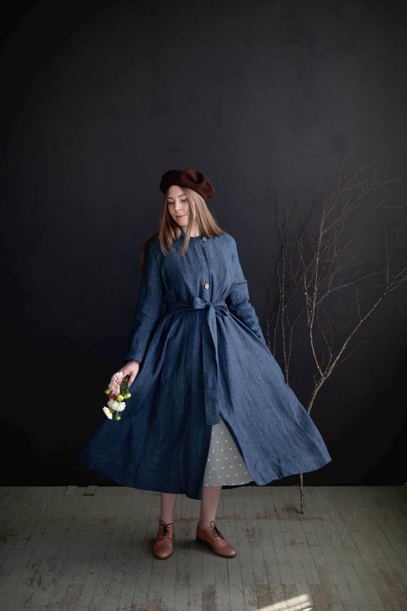 Blauer Streifen Leinenmantel Übergroßer Langer A-Linie-Mantel Für Frauen von allthebeautifullinen