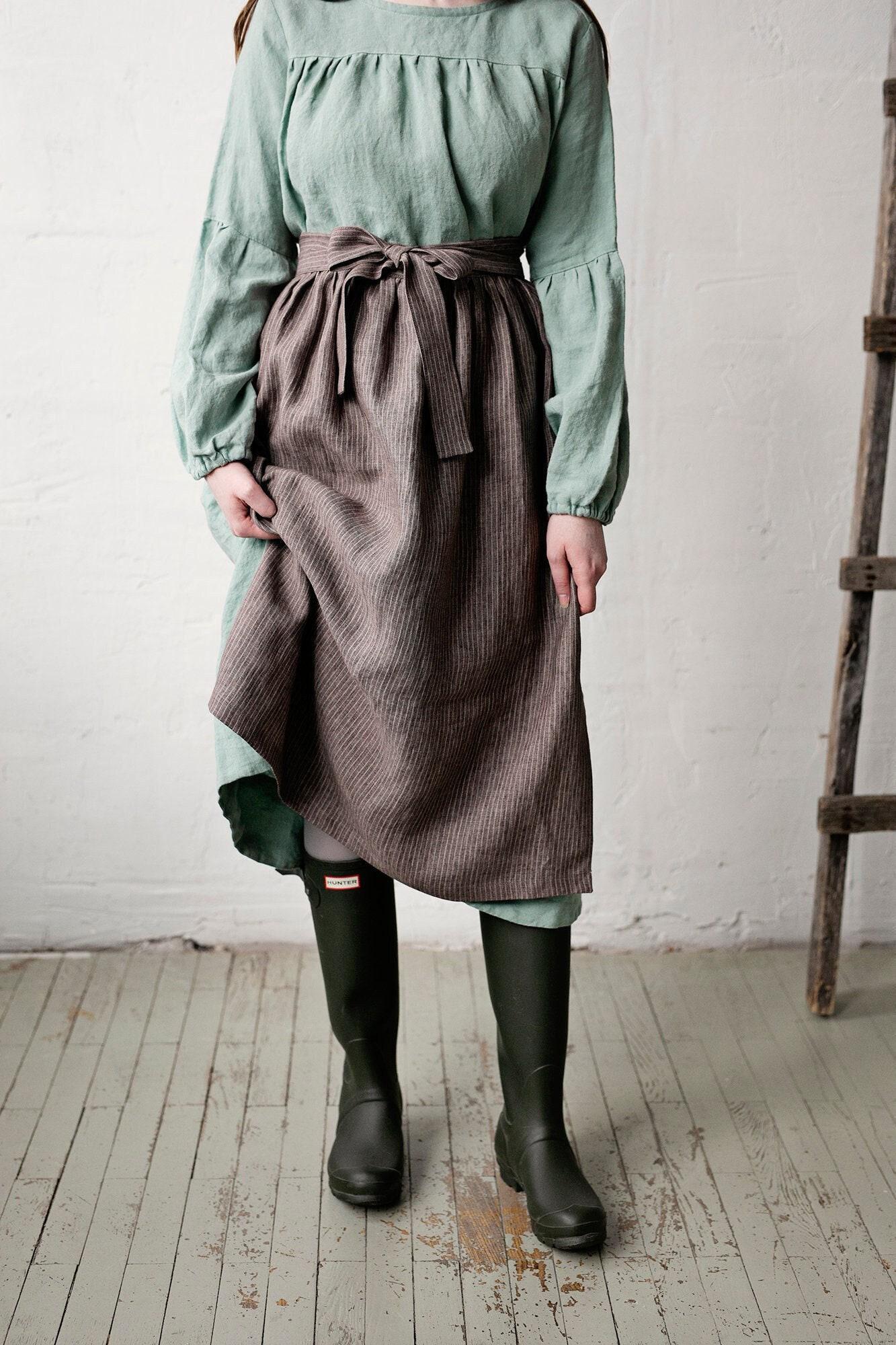 Braun Gestreifte Leinen Schürze Rock Cottagecore Kochschürze von allthebeautifullinen