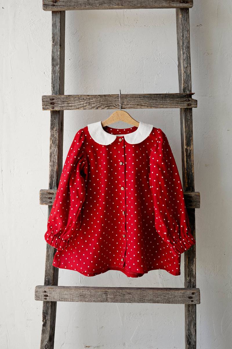 Exklusives Tunika-Kleid Mit Rotem Pünktchen, Peter Pan-Kragen Kleid, Leinen Tunika Button-Down-Kleid Für Mädchen, Leinenhemd Mädchen von allthebeautifullinen