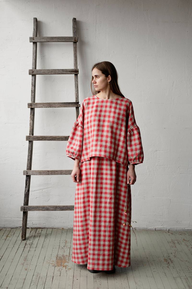 Karierte Kimono-Tunika Aus Leinen Übergroße Loose Fit-Bluse von allthebeautifullinen