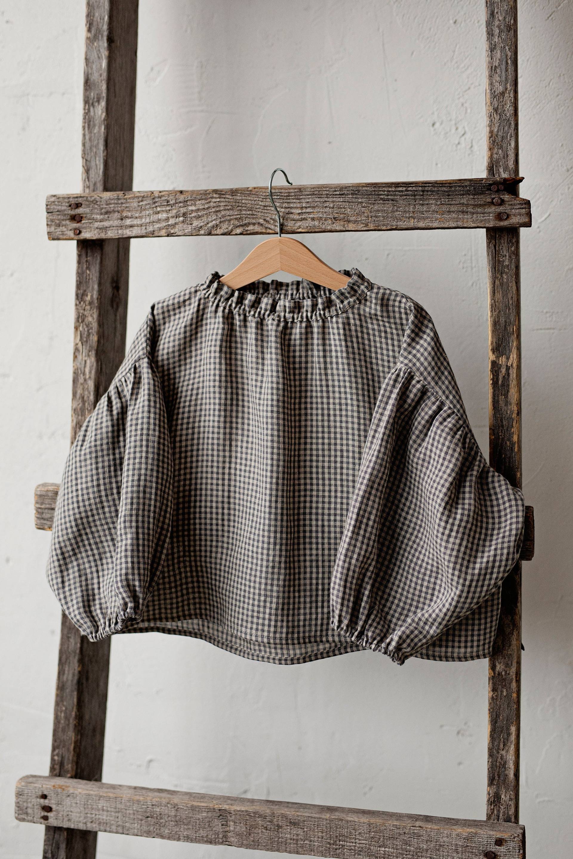 Graues Gingham Fallschirm Leinen Tunika, Verschiedene Stickereien, Shirt Für Mädchen, Langarm Mädchen Top, Baby von allthebeautifullinen