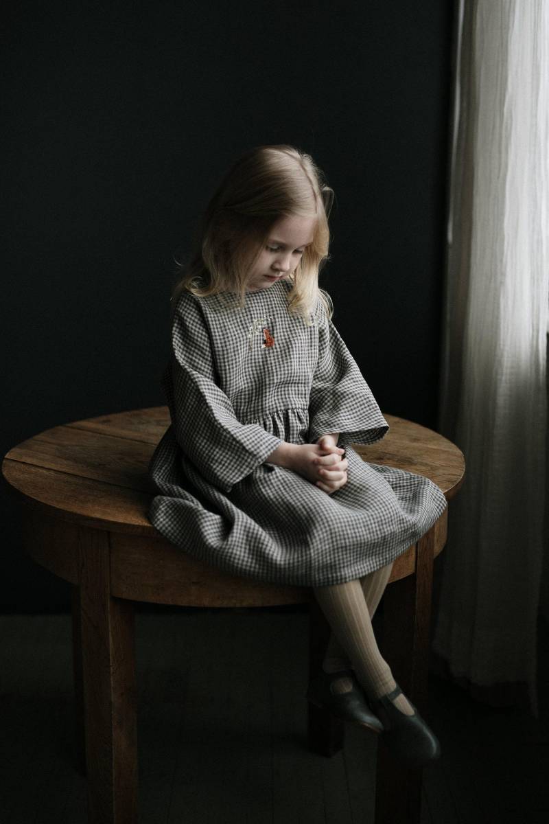 Graues Vichy-Karo Leinen Kleid Besticktes Blumenmädchen Kleid von allthebeautifullinen