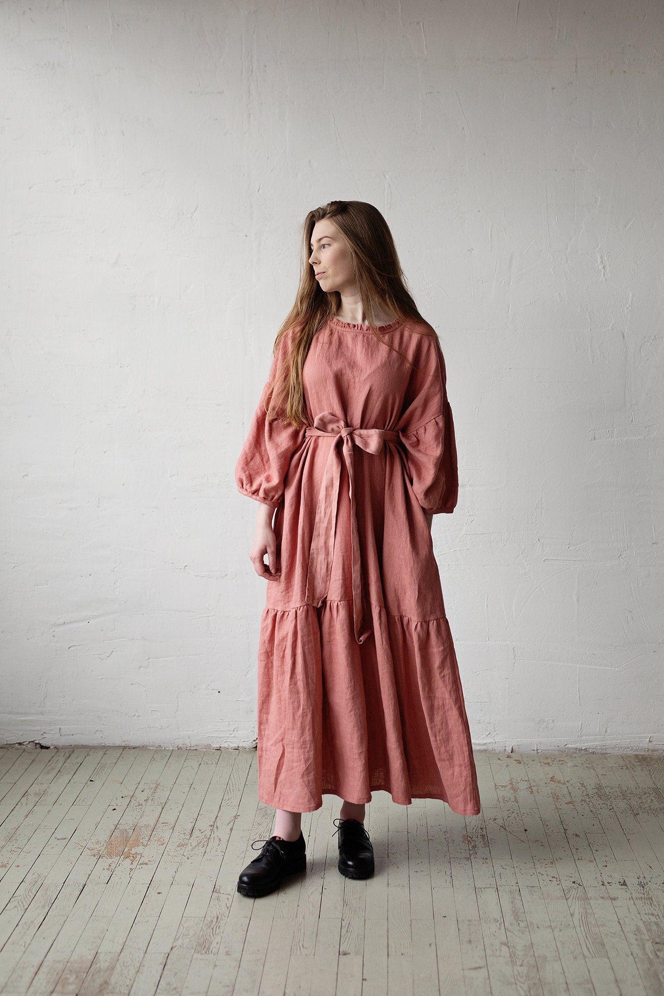 Lachs Rüschen Kimono Kleid, Oversized Leinenkleid, Leinenkleid Für Frauen, Plus Size Loses Maxikleid von allthebeautifullinen