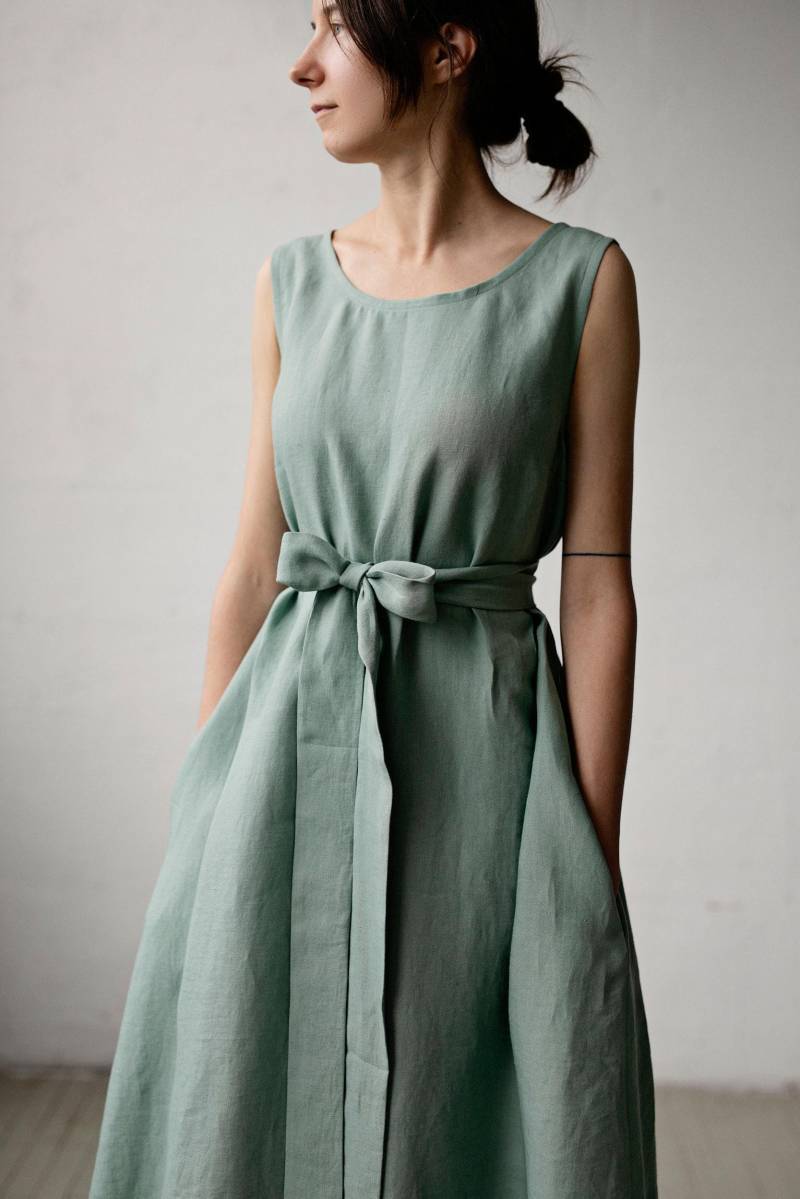 Mint Ärmelloses Kleid, Leinenkleid, A-Linie Leinenkleid Für Frauen, Leinen Midikleid, Schmeichelhaftes Kleid von allthebeautifullinen