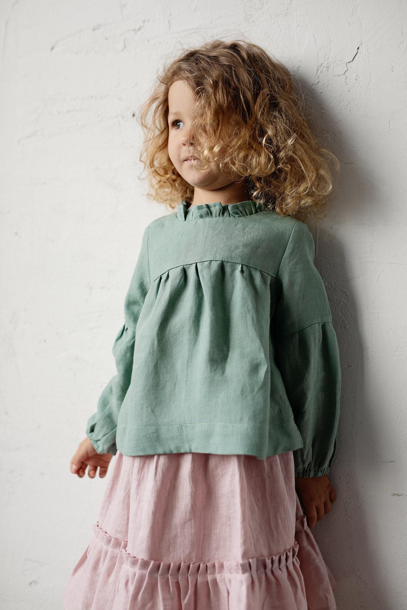 Mint Leinen Mädchen Tunika Rüschen Langarm Top von allthebeautifullinen