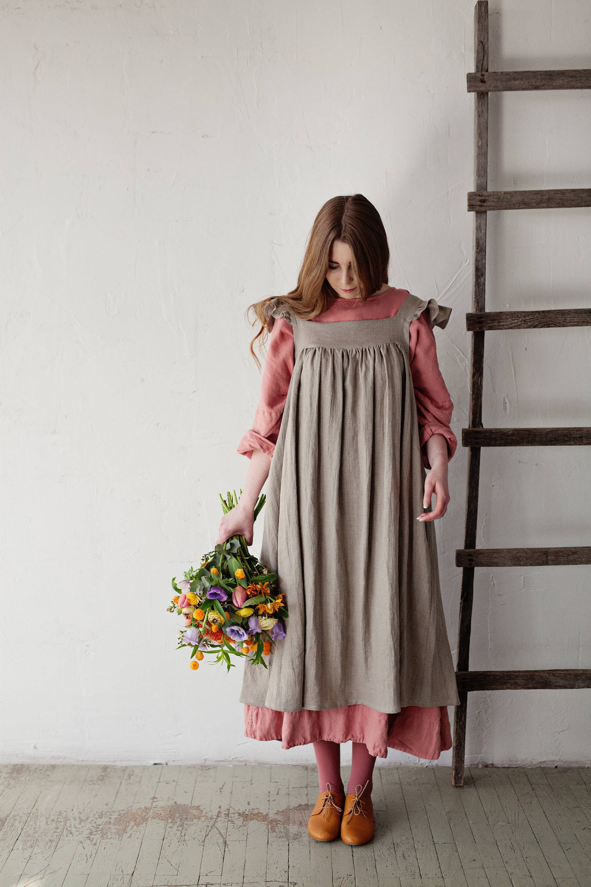 Natürliches Prärie Leinen Kleid Flatterärmel, Übergroße Schürze von allthebeautifullinen