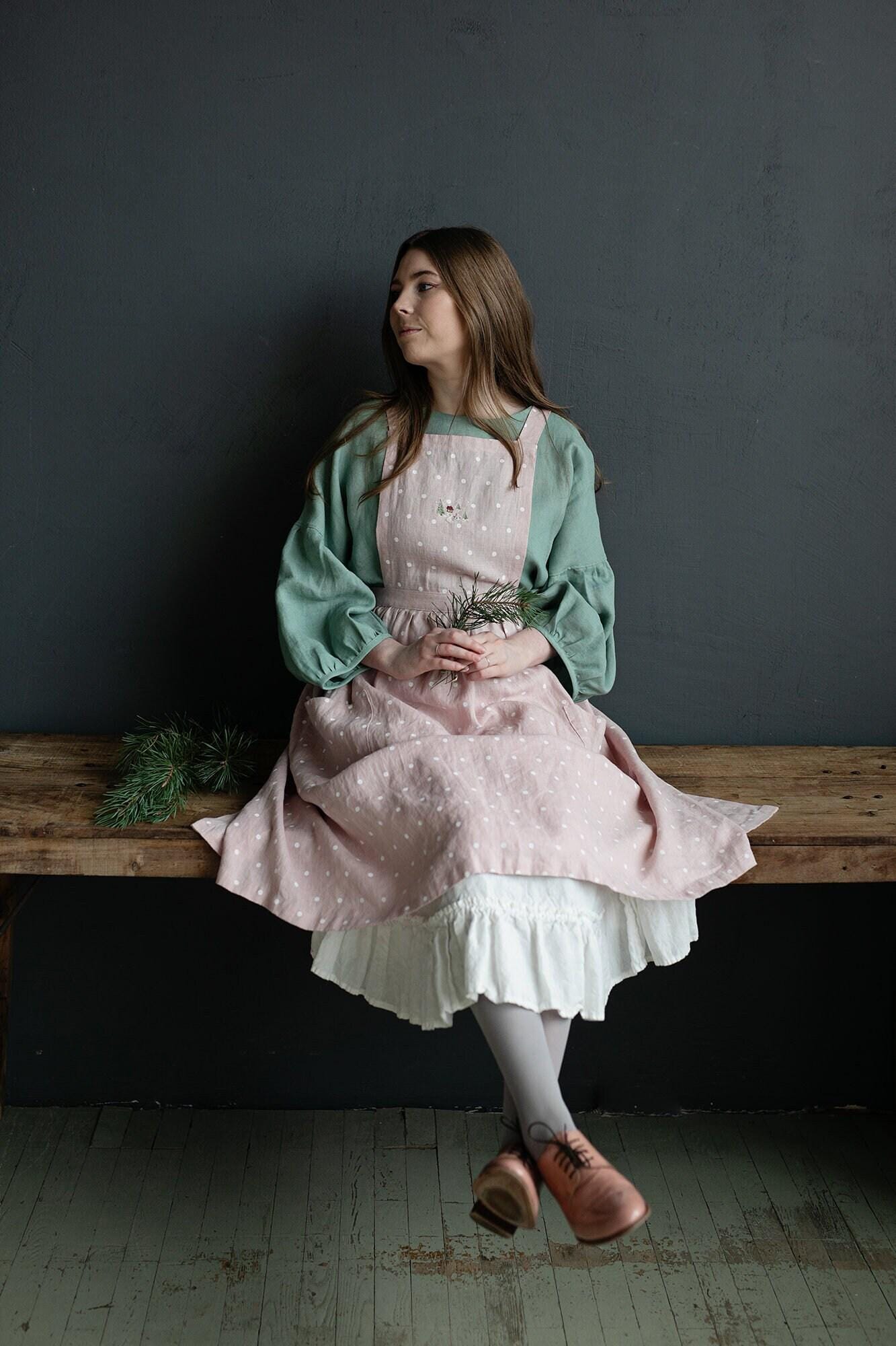 Rosa Leinen Trägerkleid, Leinenkleid Gepunktete Schürze von allthebeautifullinen