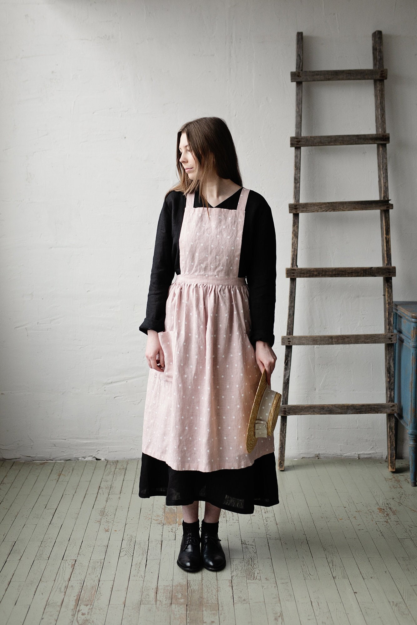 Rosa Leinen Trägerkleid, Leinenkleid Gepunktete Schürze von allthebeautifullinen