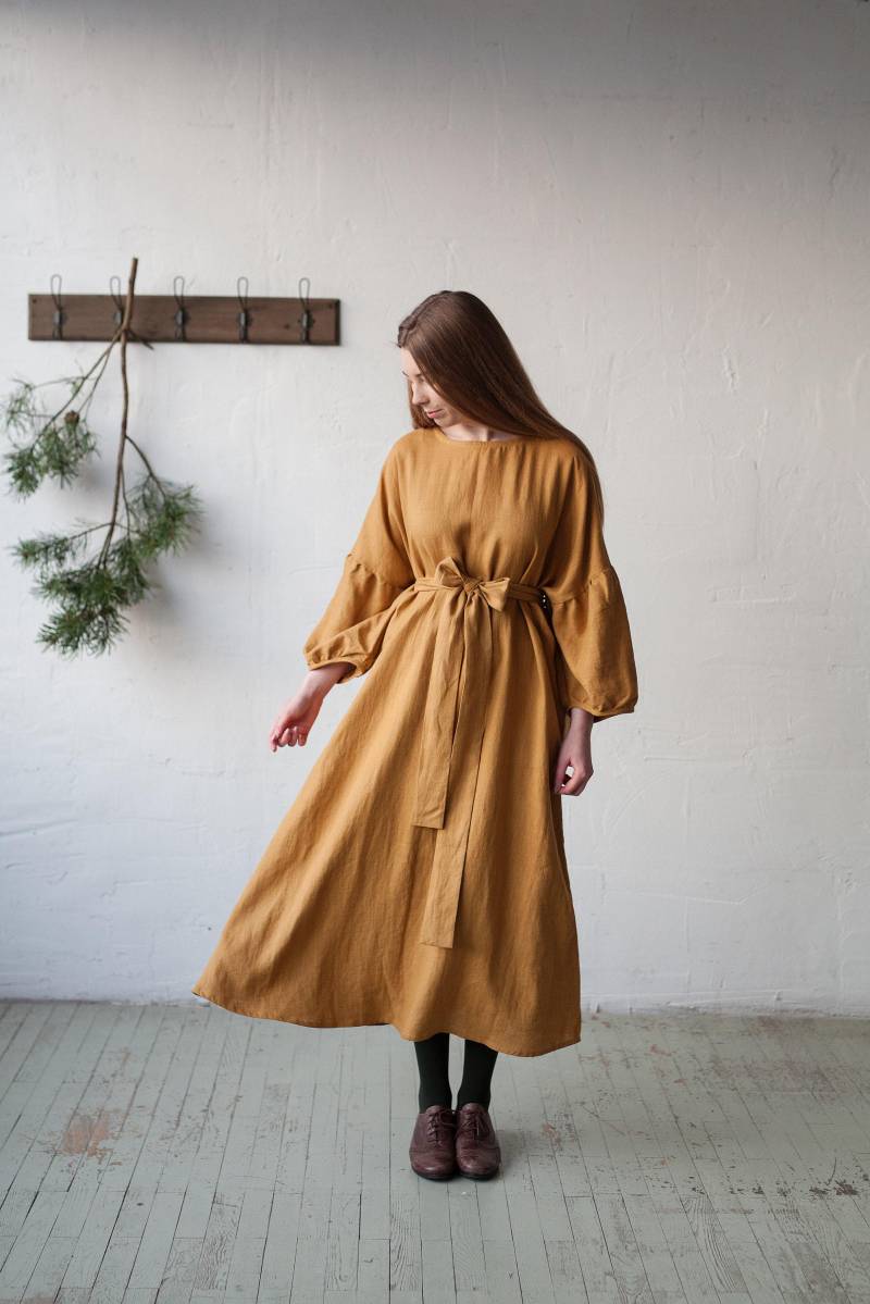 Senf Kimono Leinenkleid Übergroßes Maxikleid von allthebeautifullinen