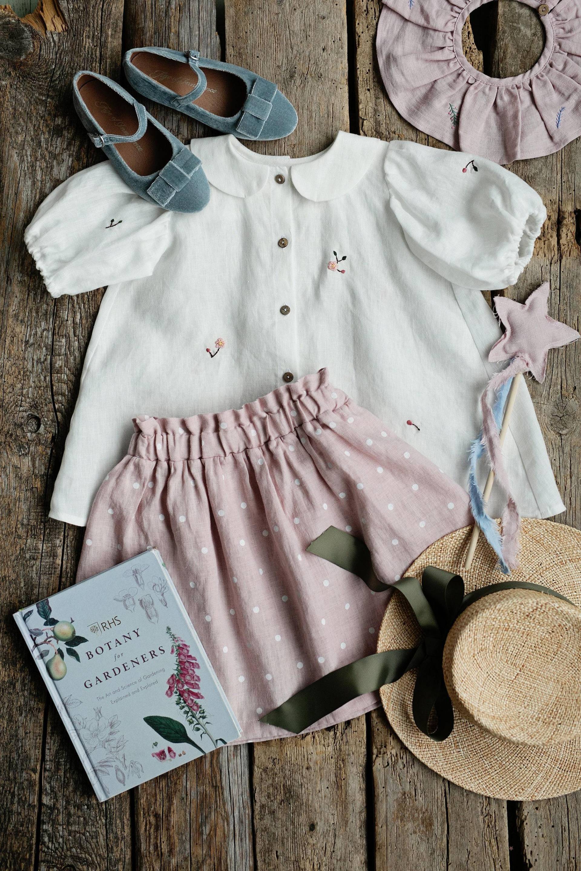 Weißes Exklusives Kurzarm Tunika Kleid, Leinen Rosen Stickerei, Peter Pan Kragen Button Down Kleid Für Mädchen von allthebeautifullinen