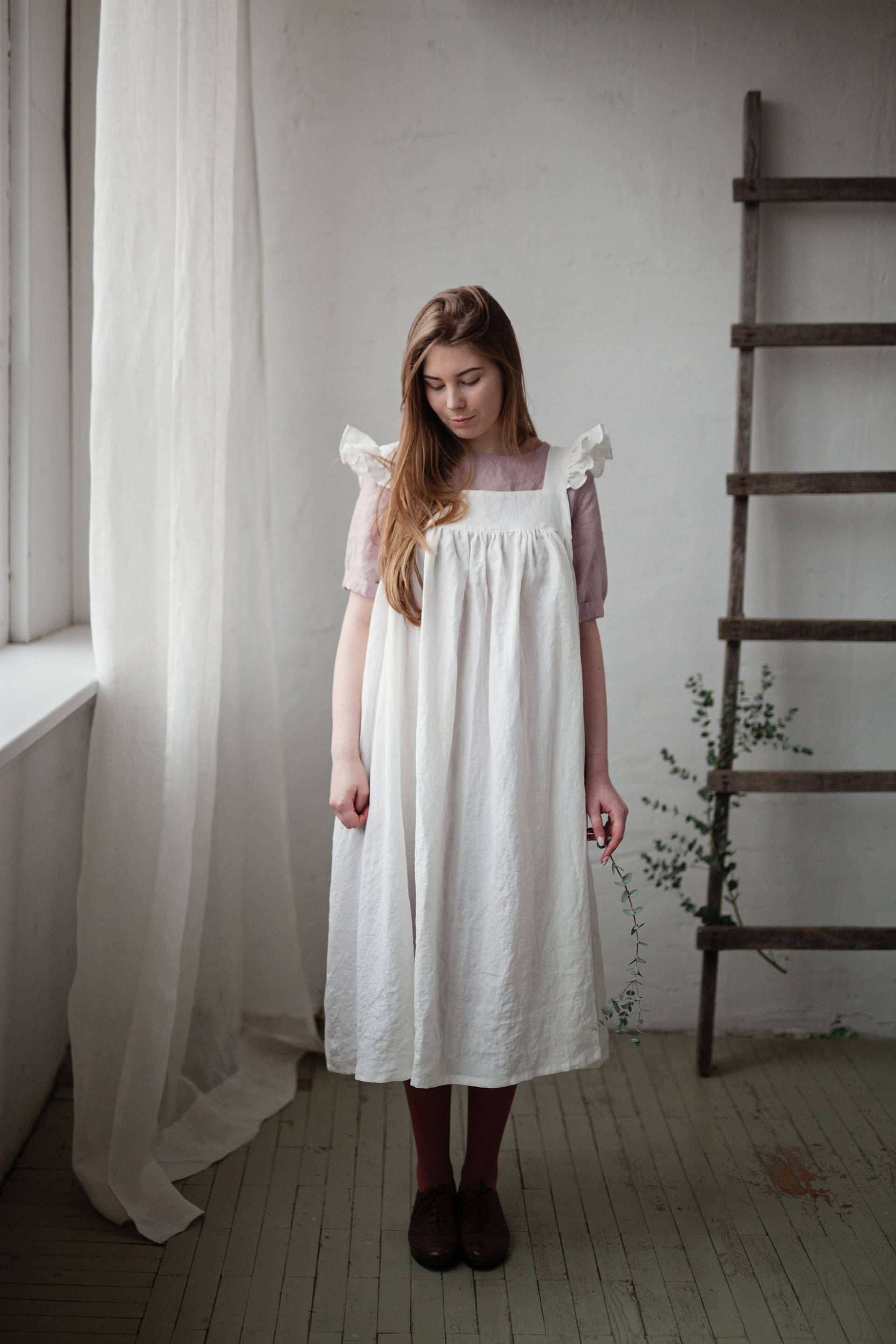 Weißes Prairie Leinen Kleid Flatterärmel, Übergroße Schürze von allthebeautifullinen