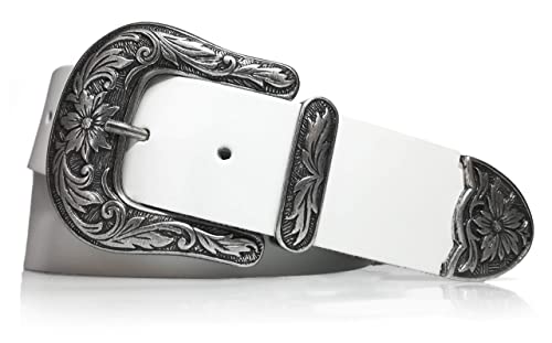 almela - Gürtel Cowboy - Damen und herren - Echt leder - Vintage Mode - 4 cm breit - Country - Retro - 40 mm - Western - Echtleder - Unisex - Rodeo - Cowgirl Belt - Weiß, 120 von almela