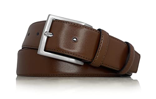 almela - Klassischer Herren gürtel - Leder - Herrengürtel - 3,5 cm breit - 35mm - Silberne oder goldene Schnalle - Gürtel für Männer - Belt for men (Hellbraun - Silber, 105) von almela