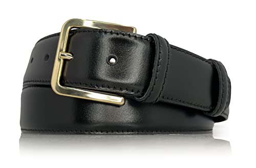 almela - Klassischer Herren gürtel - Leder - Herrengürtel - 3,5 cm breit - 35mm - Silberne oder goldene Schnalle - Gürtel für Männer - Belt for men (Schwarz - Gold, 105) von almela