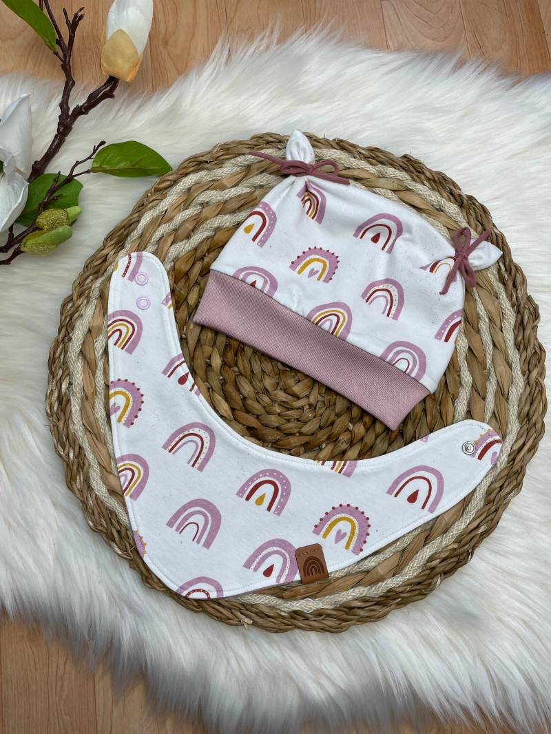 Öhrchenmütze Und Tuch „Regenbogen" Gefüttert Mit Waffeljersey Rosa, Set Für Baby, Kleinkind Mädchen Ku 39-52 von almiLiDesign