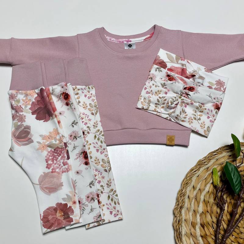 Set Sweater Altrosa, Leggings Und Haarband Geblümt Für Mädchen | Baby/Kleinkind Gr.62-128 von almiLiDesign