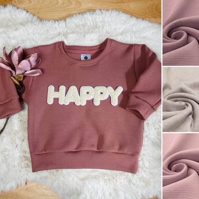 Sweater Happy Gr.74-128 Mädchen, Pullover Waffeljersey Lehmrosa, Nuderosa, Altrosa Oder Beige Meliert, Pulli Mit Chenille Patch von almiLiDesign