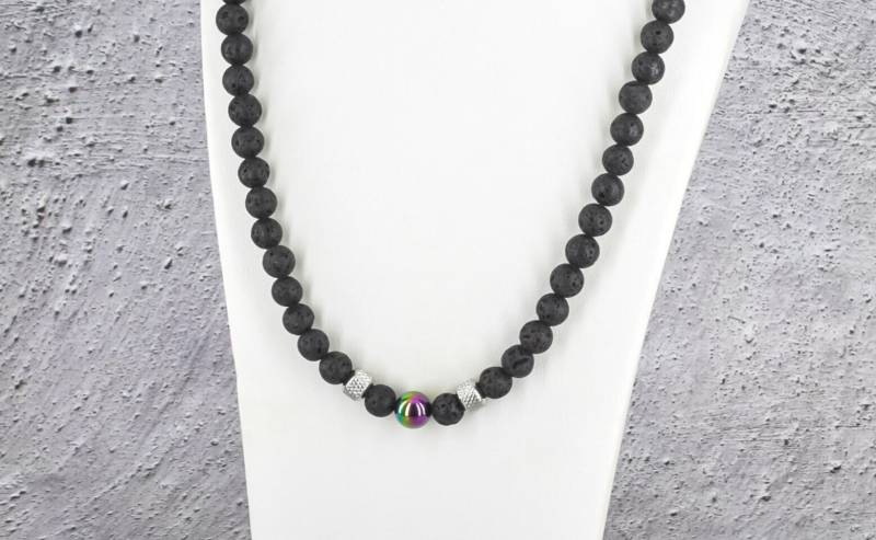Halskette Perlenkette Regenbogenperle Lava-Perlen Edelstahlperlen 8mm Karabinerverschluss von alsterstore