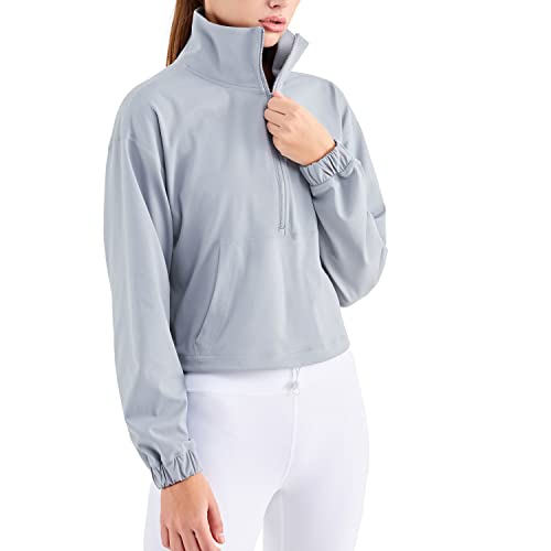 altiland Damen Laufjacke Trainingsjacke Atmungsaktiv Outdoor Fitness Yoga Sport Jacke 1/2 Reißverschluss mit Taschen (Grau,S) von altiland