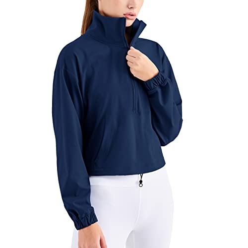 altiland Damen Laufjacke Trainingsjacke Atmungsaktiv Outdoor Fitness Yoga Sport Jacke 1/2 Reißverschluss mit Taschen (True Navy,XL) von altiland