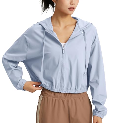 altiland Damen Laufjacke Trainingsjacke Sonnenschutz Hoodie Atmungsaktiv Cropped Sport Jacke Voll Reißverschluss Dünn UV Jacke UPF 50+ (Blaue Leinen, S) von altiland