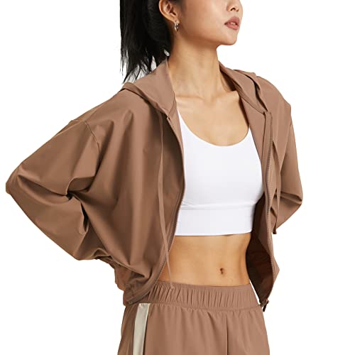 altiland Damen Laufjacke Trainingsjacke Sonnenschutz Hoodie Atmungsaktiv Cropped Sport Jacke Voll Reißverschluss Dünn UV Jacke UPF 50+ (Cacao Brown, L) von altiland