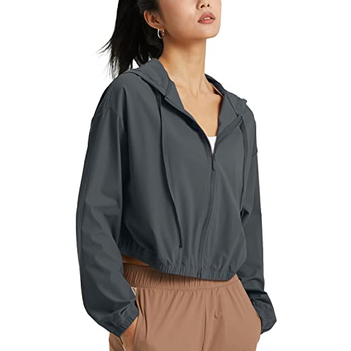 altiland Damen Laufjacke Trainingsjacke Sonnenschutz Hoodie Atmungsaktiv Cropped Sport Jacke Voll Reißverschluss Dünn UV Jacke UPF 50+ (Graphite Grey, S) von altiland