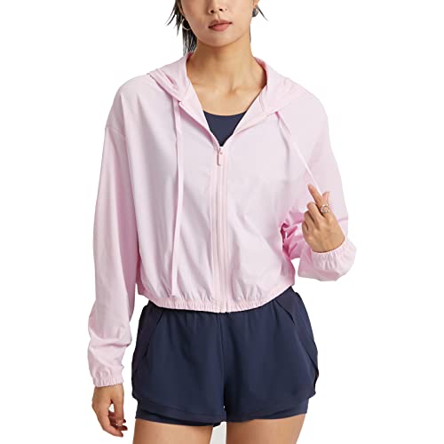 altiland Damen Laufjacke Trainingsjacke Sonnenschutz Hoodie Atmungsaktiv Cropped Sport Jacke Voll Reißverschluss Dünn UV Jacke UPF 50+ (Light Pink, L) von altiland