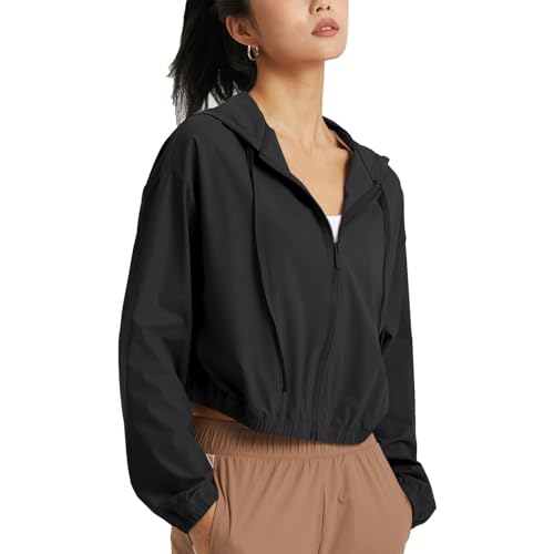 altiland Damen Laufjacke Trainingsjacke Sonnenschutz Hoodie Atmungsaktiv Cropped Sport Jacke Voll Reißverschluss Dünn UV Jacke UPF 50+ (Schwarz, M) von altiland