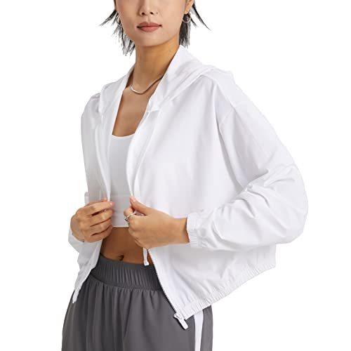 altiland Damen Laufjacke Trainingsjacke Sonnenschutz Hoodie Atmungsaktiv Cropped Sport Jacke Voll Reißverschluss Dünn UV Jacke UPF 50+ (White, M) von altiland