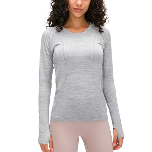 altiland Damen Nahtlose Langärmliges Yoga-Oberteil Workout Laufen T-Shirts mit Daumenloch Slim Fit (Hellgrau, L) von altiland