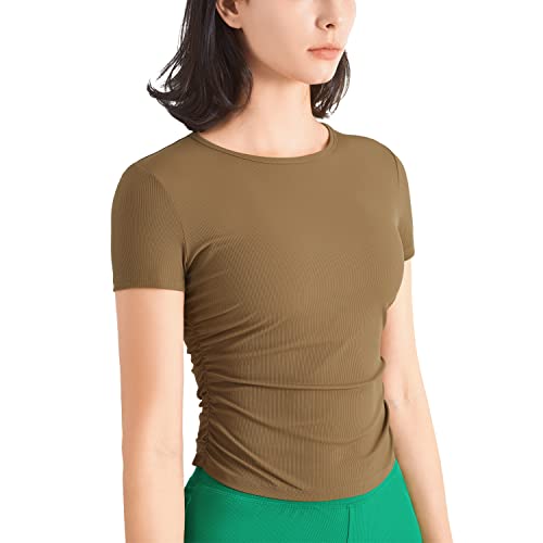 altiland Damen Sport T-Shirt Kurzarm Fitness Crop Oberteile Crew Neck Leichte Yoga Top Atmungsaktiv Laufshirt UPF 50+(Tiefes Khaki, L) von altiland