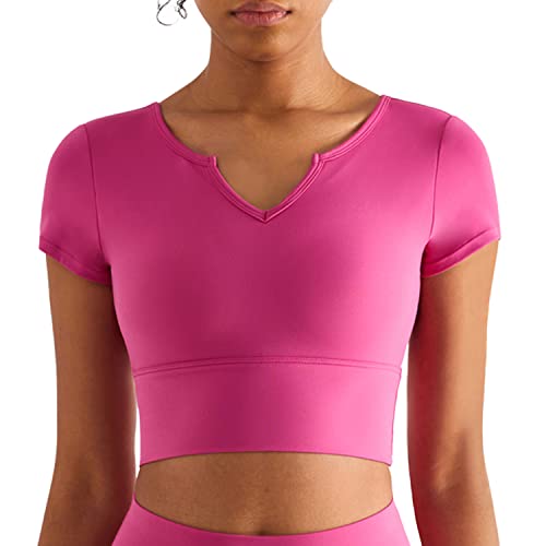 altiland Gepolstertes Workout-Top für Damen, V-Ausschnitt, Yoga, Fitnessstudio, Sport-T-Shirts, athletisch, kurzärmelig, bauchfreies T-Shirt mit integriertem BH, Rosa Litschi, Mittel von altiland