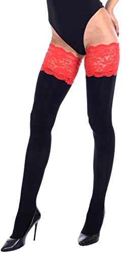 Warme Halterlose Strümpfe Mikrofaser 120 DEN blickdicht breite ROTE Spitze S-XL (L/XL) von alzetta