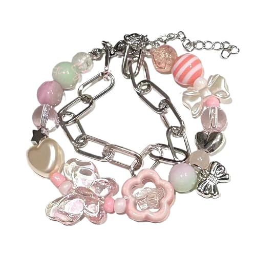 Frauen Doppelschicht Perlen Acrylarmbänder Kalten Wind Hip Hop Bowknot Anhänger Süßes Temperament Verstellbares Schmuck Bogenknotenarmbänder Für Männer von amangul