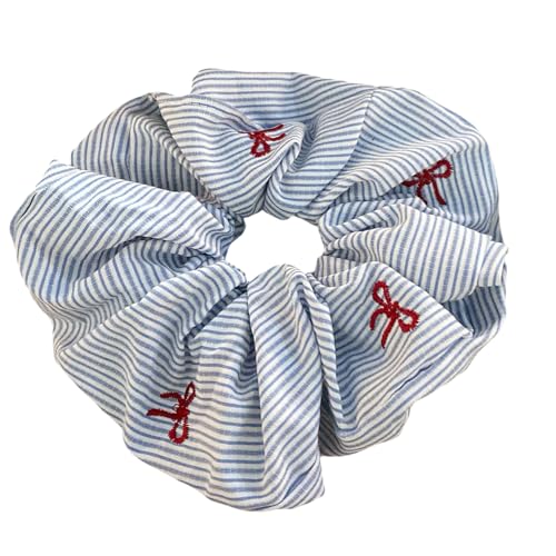 amangul Haargummi, bestickt, mit blauen Streifen, für Damen und Mädchen, weicher Stoff, Haarschmuck, Pferdeschwanzhalter (Schleife) von amangul