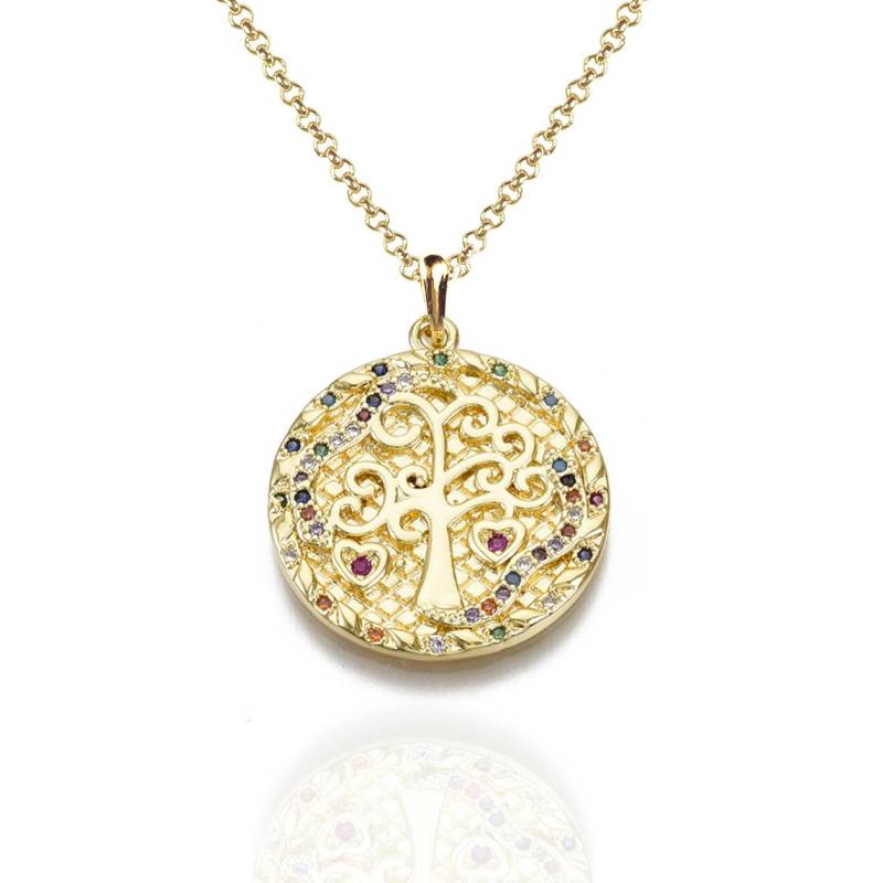 18K Vergoldete Lebensbaum Halskette Mit Buntem Zirkonia Auf 17, 4" Lang Anhaltender Rolo Kette Wunderschöner Samt Geschenktasche von amariecostumes