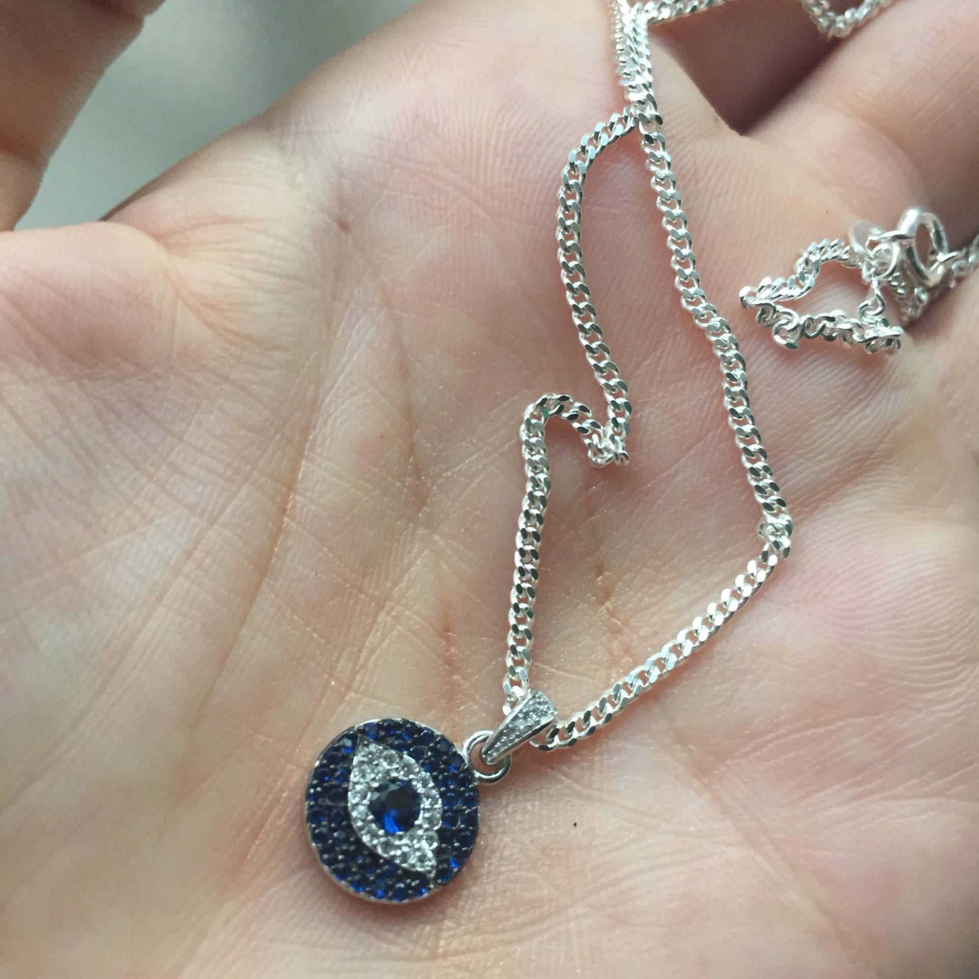 Evil Eye Anhänger Aus Sterling Silber Mit Klaren Und Blauen Zirkonia An Kette von amariecostumes